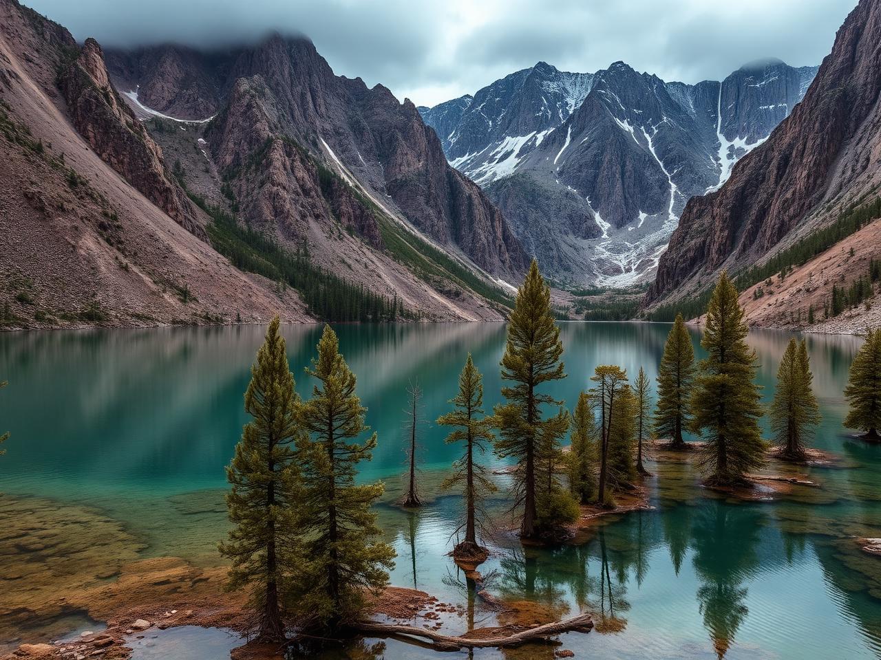 Alpine lake with submerged spruce trees beneath dramatic mountains in Kazakhstan