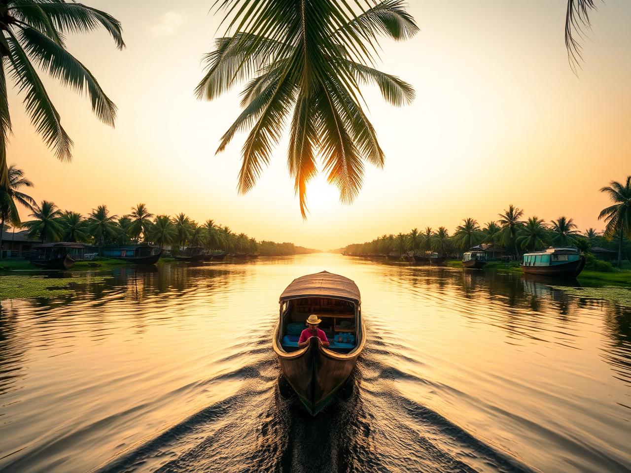 Traditional houseboat gliding through palm-lined Kerala backwaters at sunrise