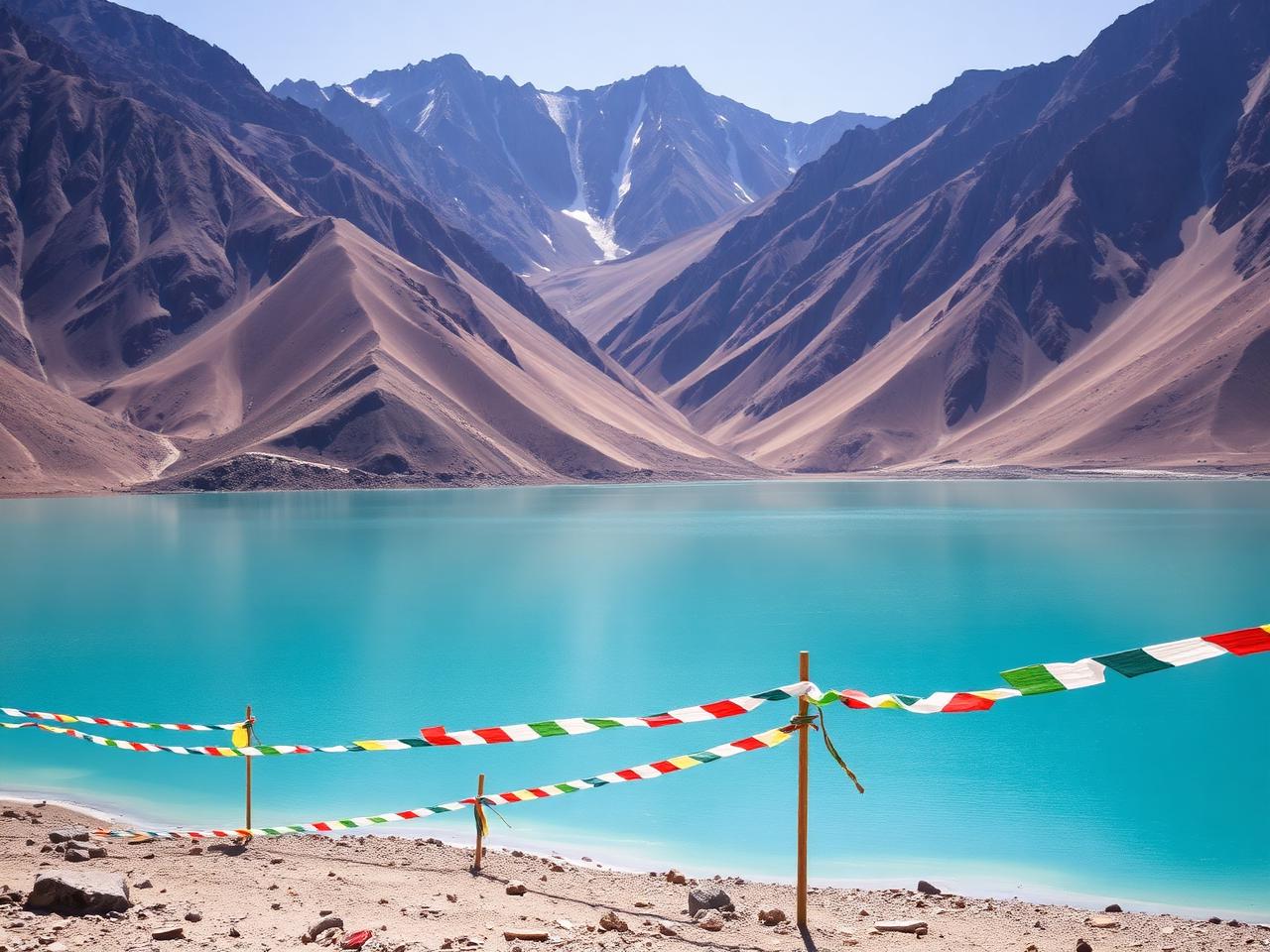 Turquoise high-altitude lake framed by bare mountains and prayer flags in Ladakh