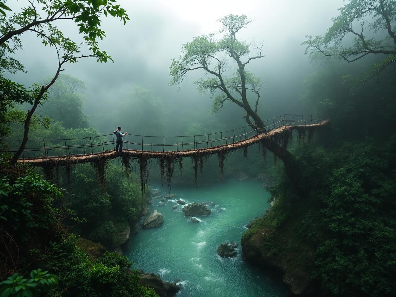 Living root bridge over an emerald river in the misty forests of Meghalaya