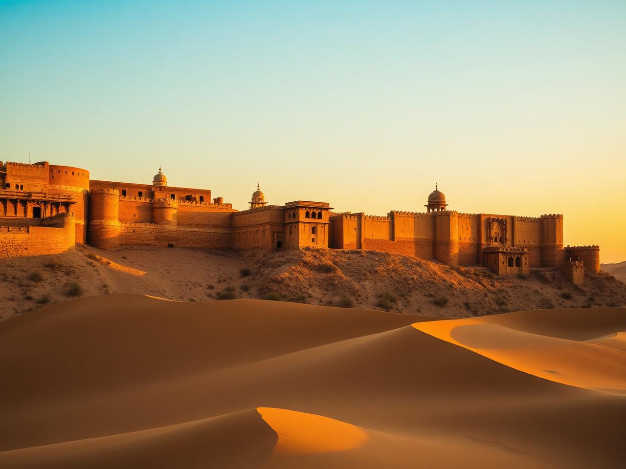 Sandstone Rajasthan fort above desert dunes at sunset