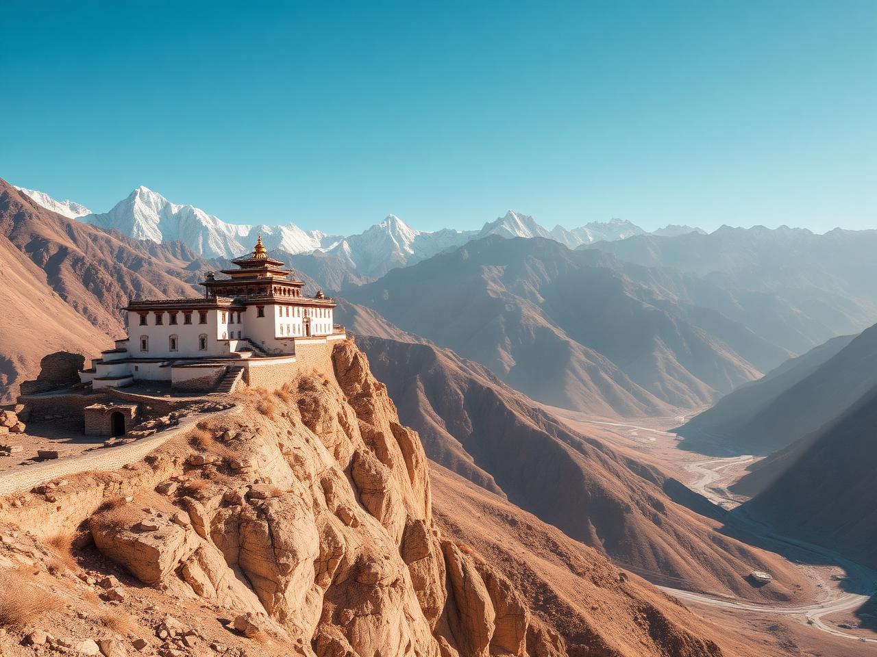 Whitewashed Himalayan monastery on a cliff above the Spiti valley