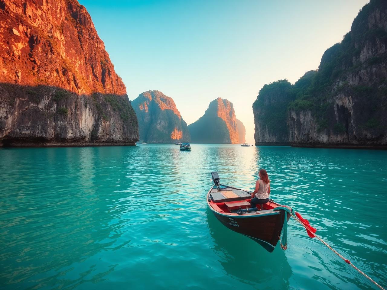Longtail boat on turquoise water between limestone karsts in Thailand