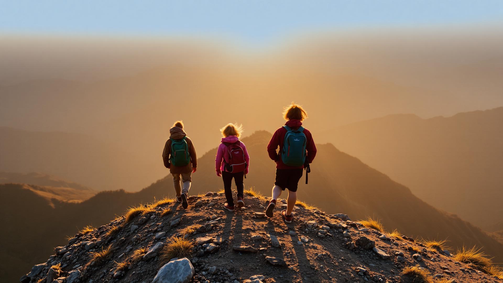 Small group of travellers walking a high Himalayan ridge at sunrise