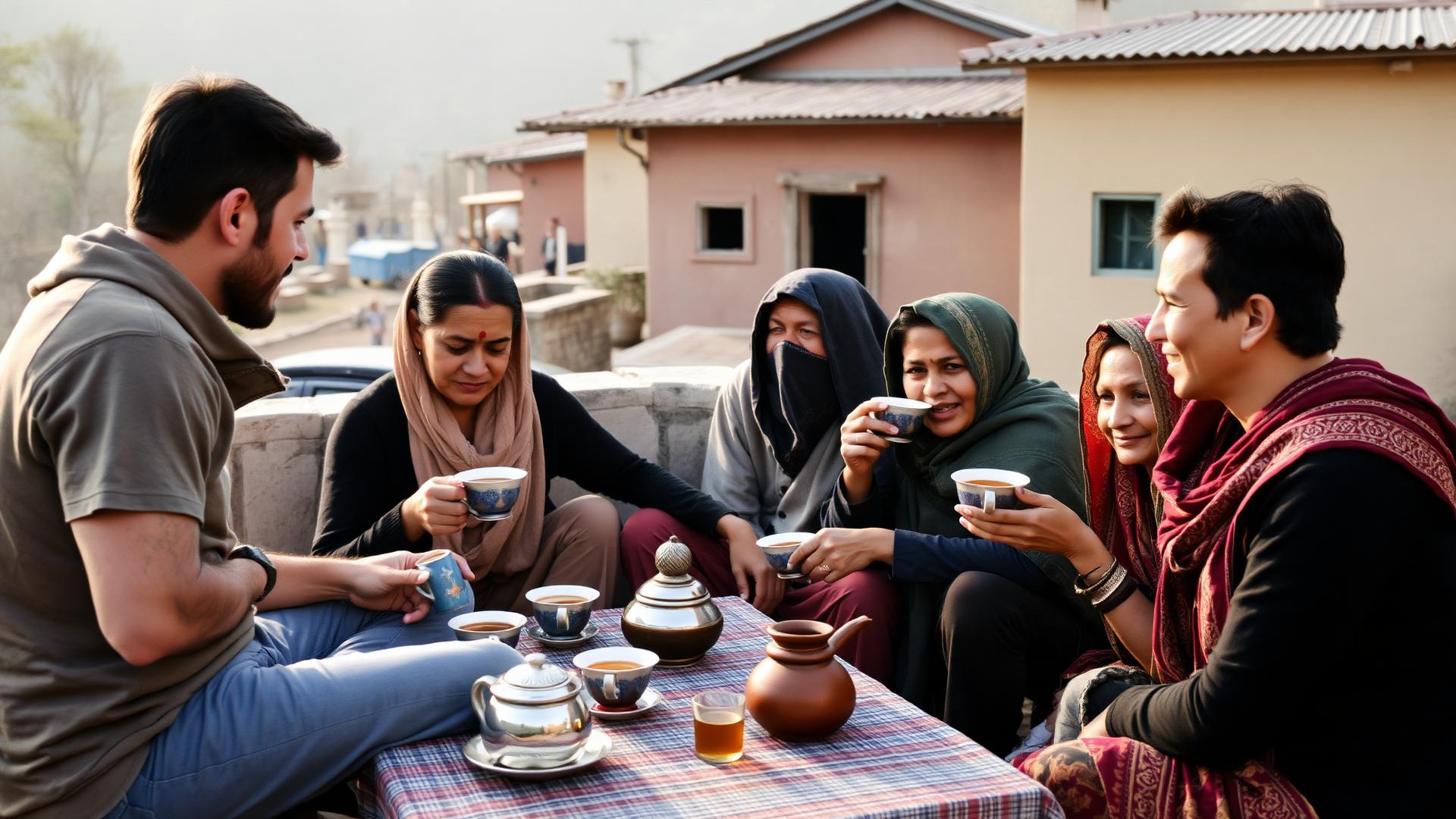 International travellers sharing tea with a family on a village terrace in India