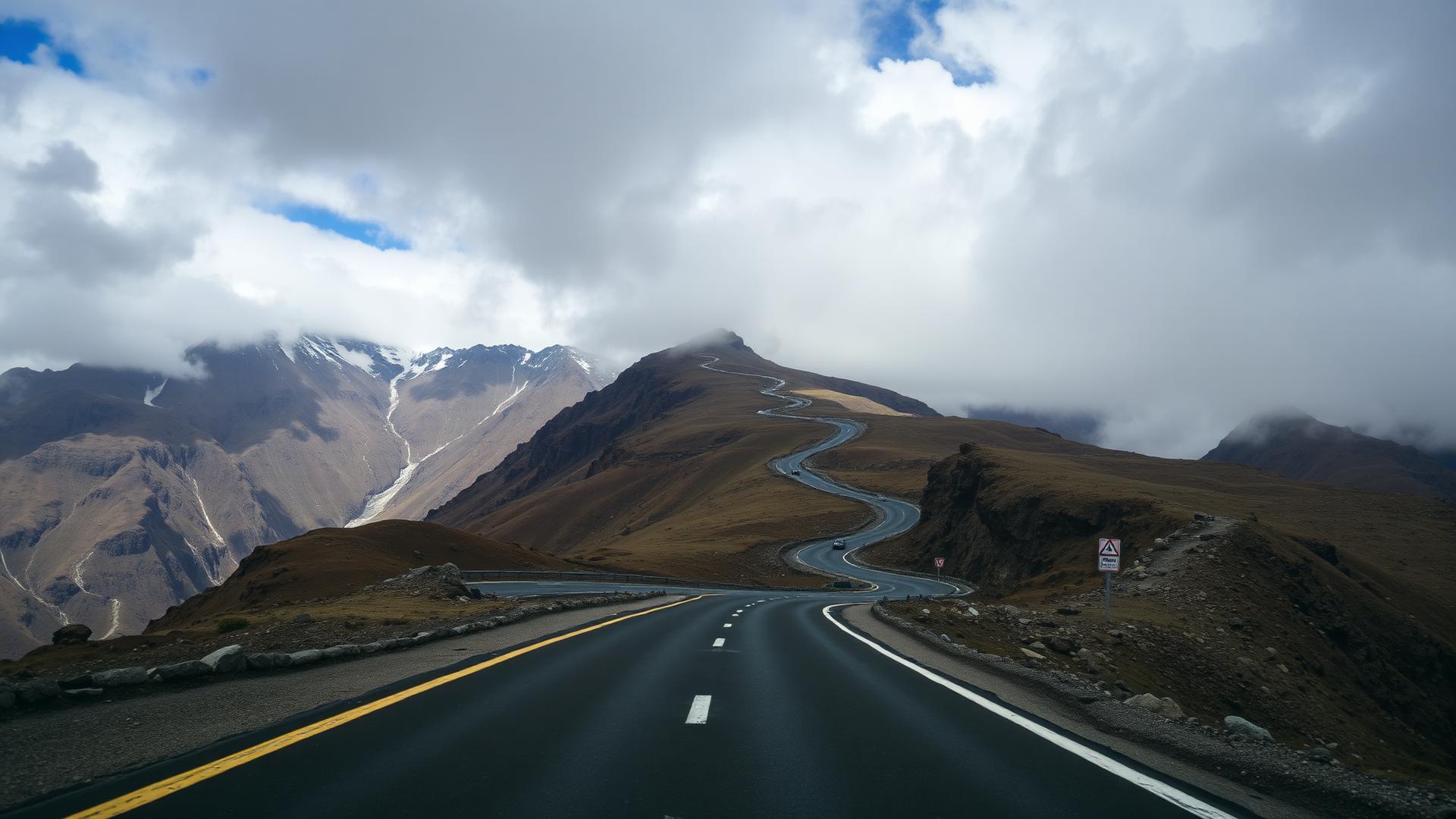 Empty Himalayan highway winding toward a high mountain pass