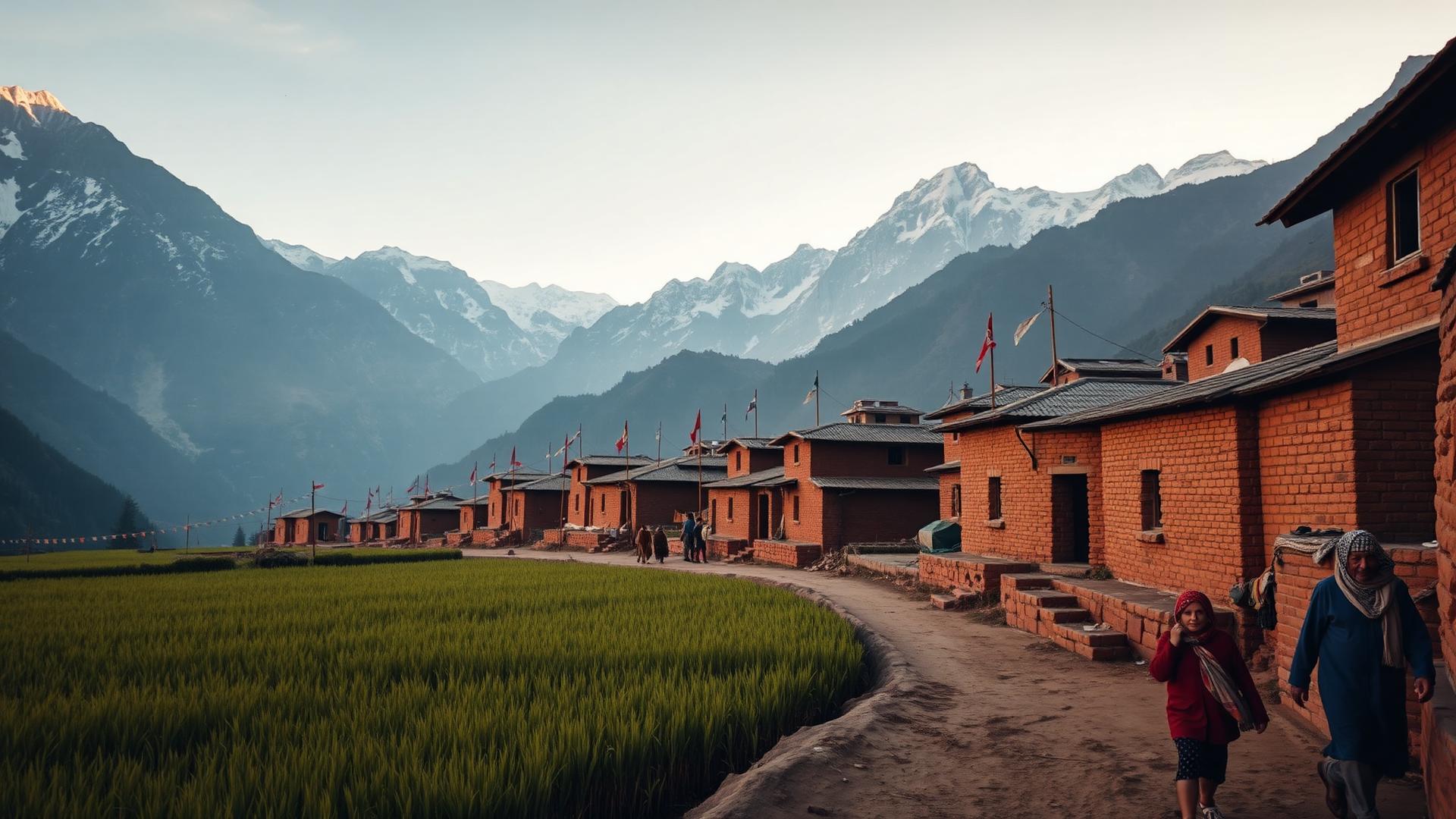 High-altitude Himalayan village with barley fields and prayer flags at golden hour