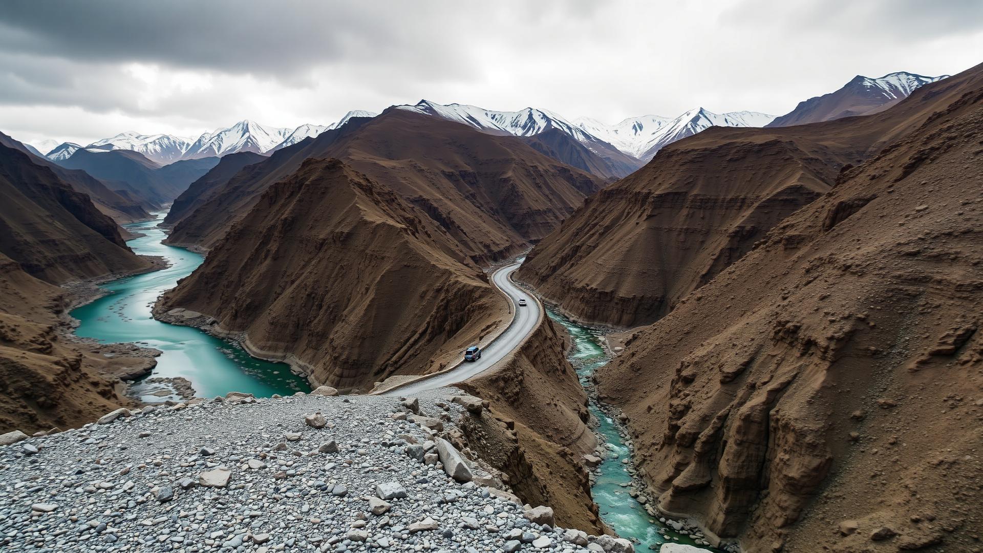 Remote mountain road above a turquoise river in the Zanskar gorge, Ladakh