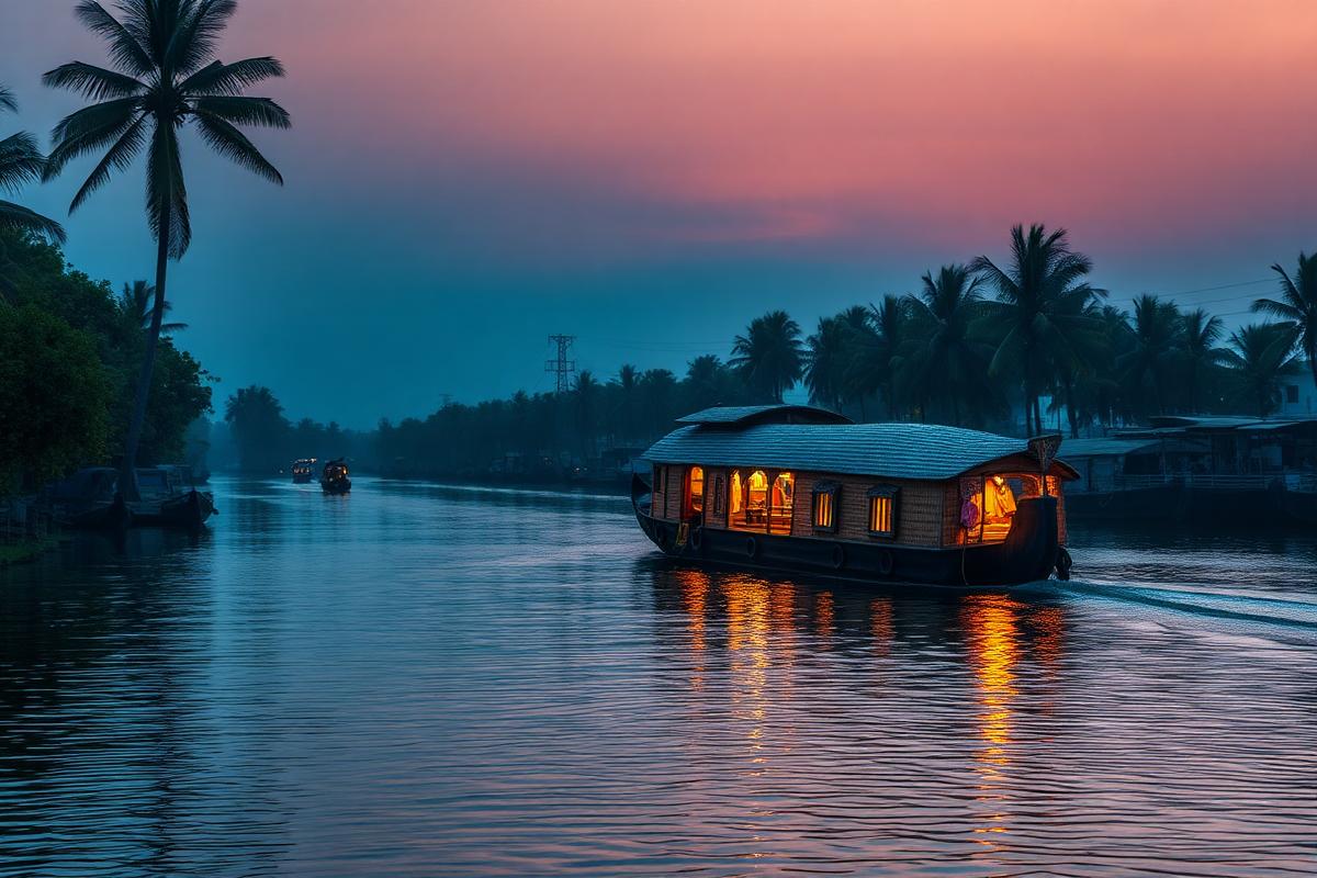 Kerala houseboat cruising a backwater canal at dusk near Alleppey
