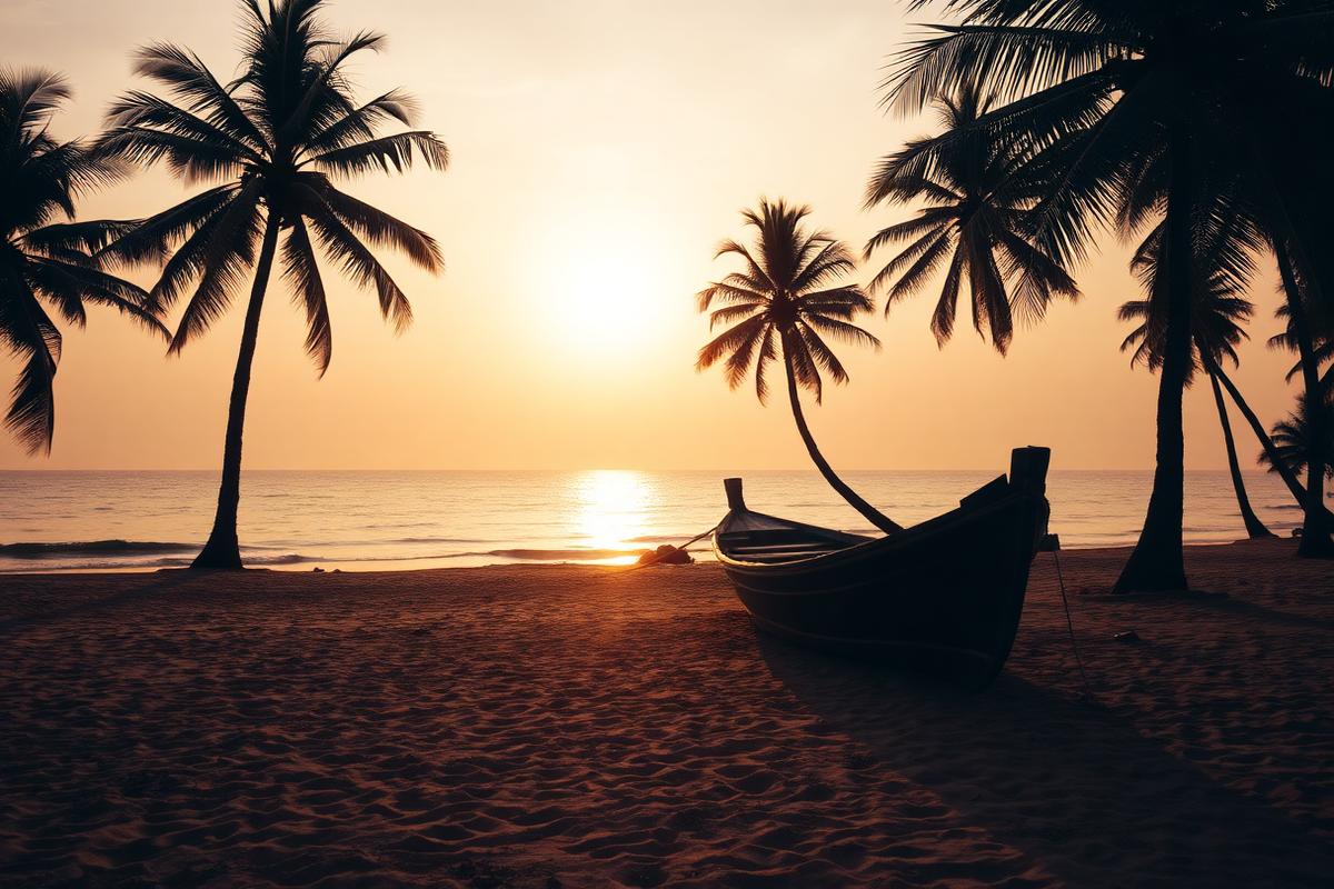 Wooden fishing boat on a palm-fringed Goa beach at sunset