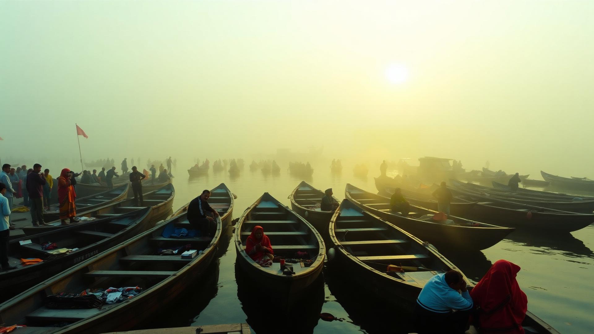 Boats on the Ganges at sunrise in Varanasi, India