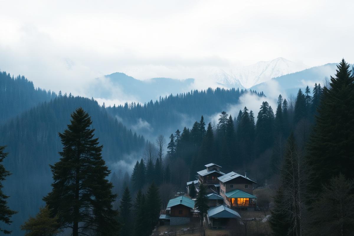 Himalayan village in morning mist, Himachal Pradesh