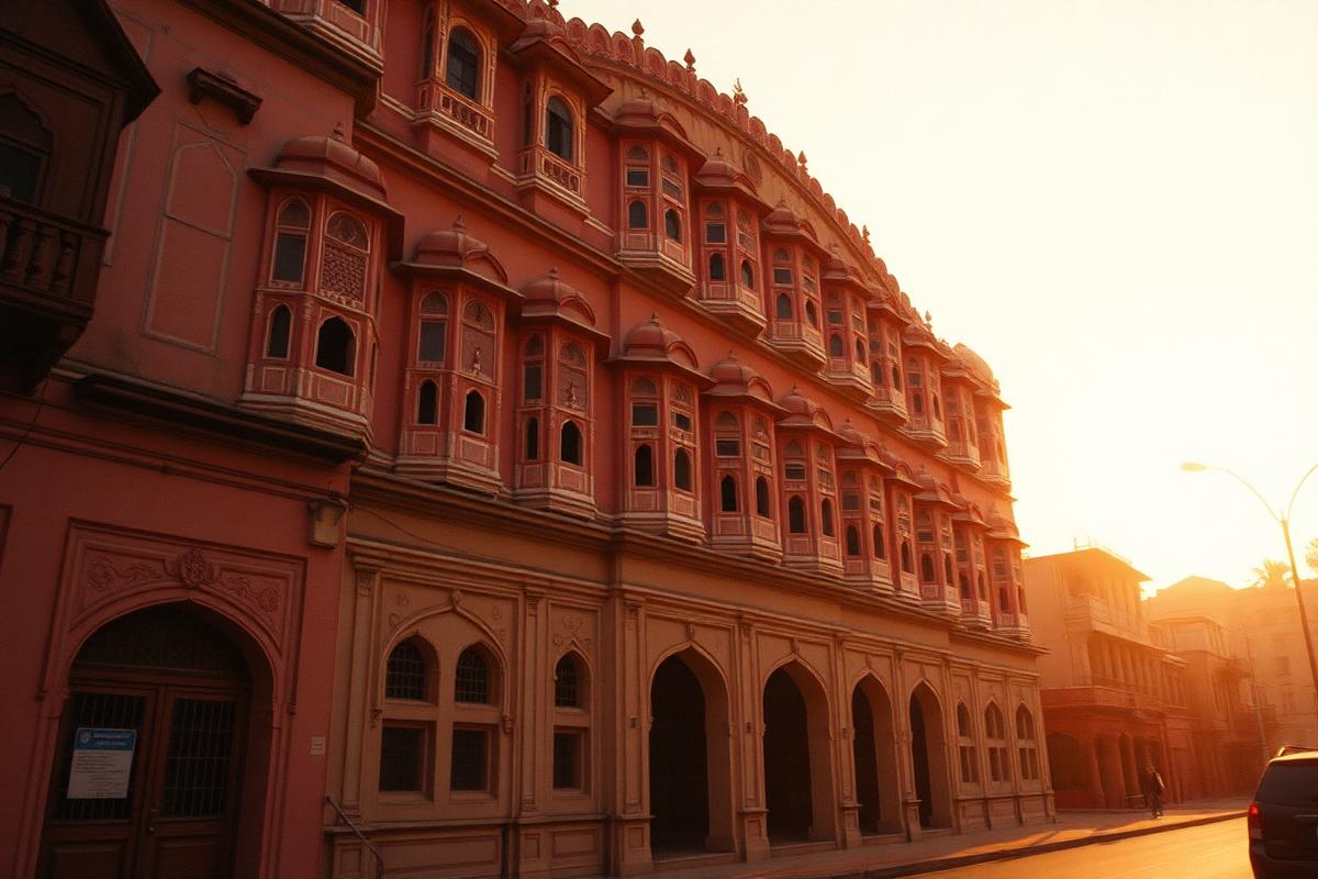 Pink sandstone facade of Hawa Mahal in Jaipur at sunrise