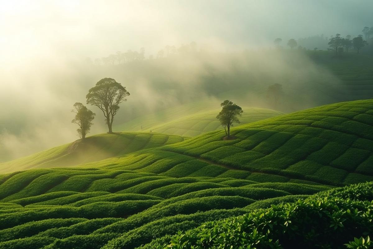 Mist over terraced tea plantations in the hills of Munnar, Kerala