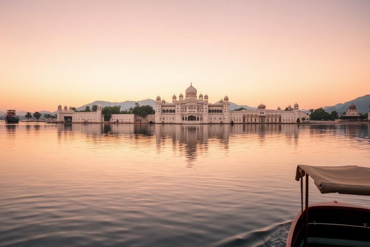White palaces reflected in Lake Pichola at dusk, Udaipur