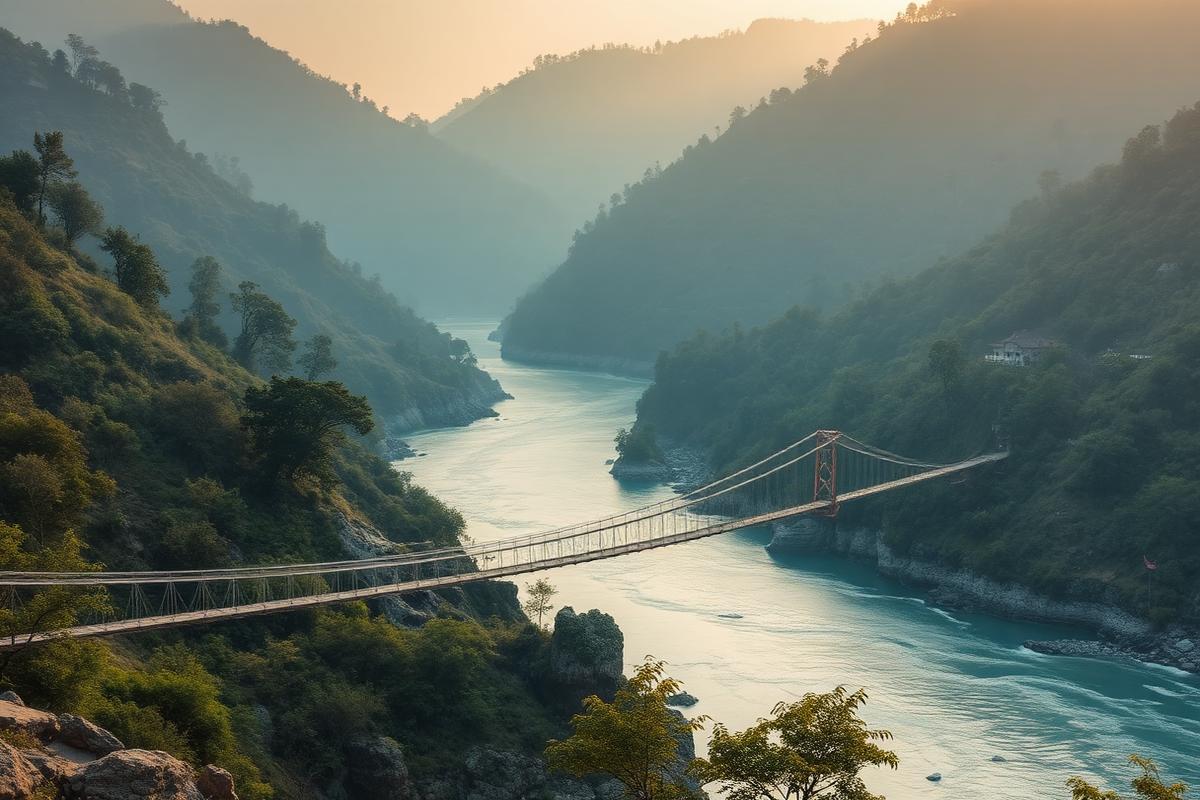 Suspension bridge over the Ganges in a forested Himalayan valley