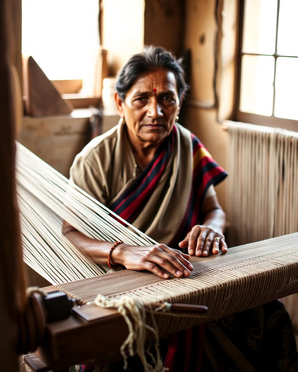 Artisan weaving wool on a traditional loom