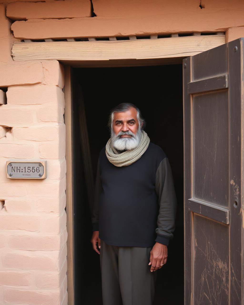 Homestay host in the doorway of a traditional mud-brick Himalayan home