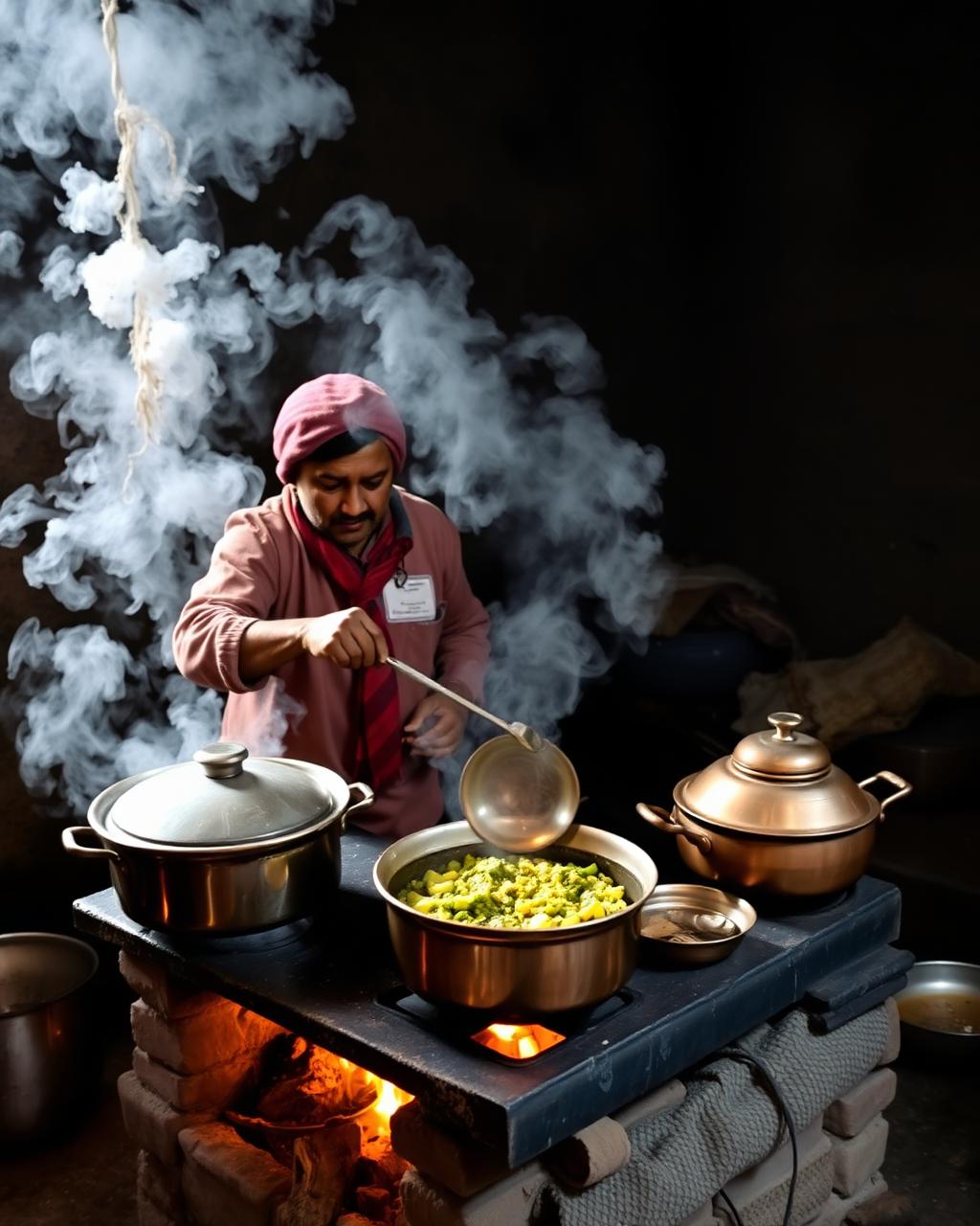 Village cook preparing a meal on a traditional kitchen stove