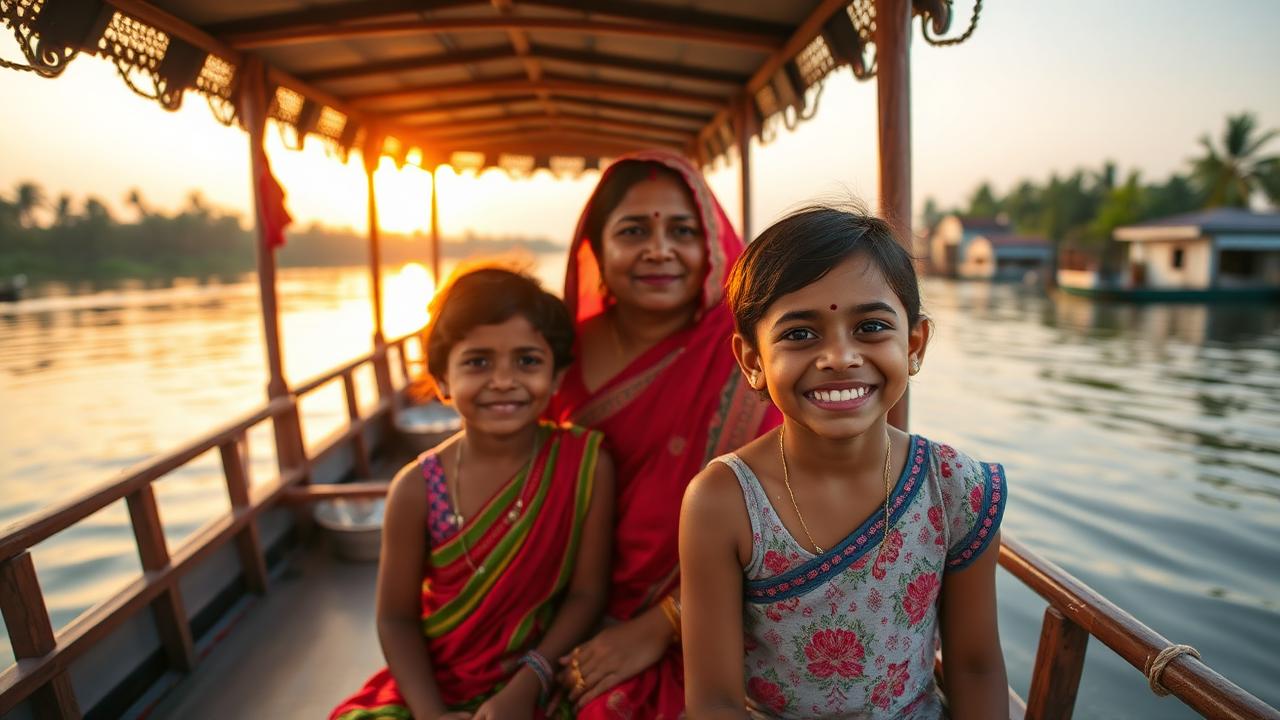 Family on a Kerala houseboat at golden hour