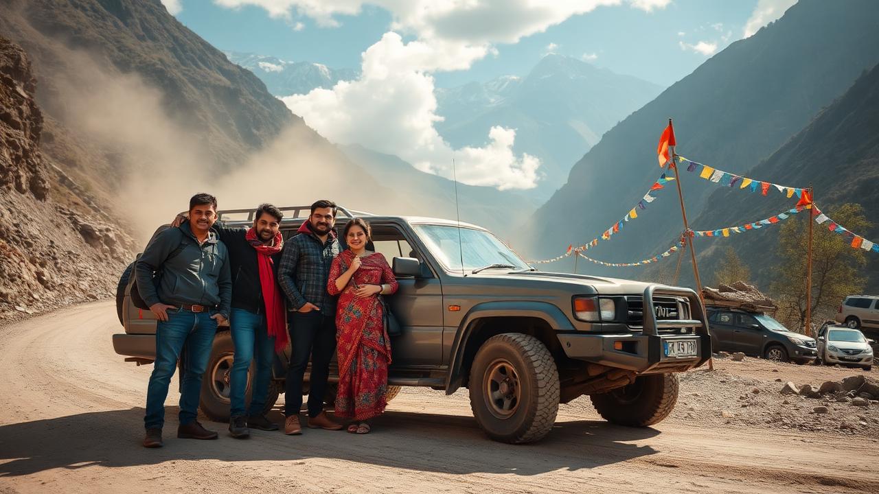 Group of travellers beside their vehicle on a Himalayan road