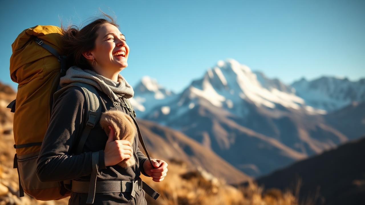 Solo backpacker laughing on a Himalayan trail